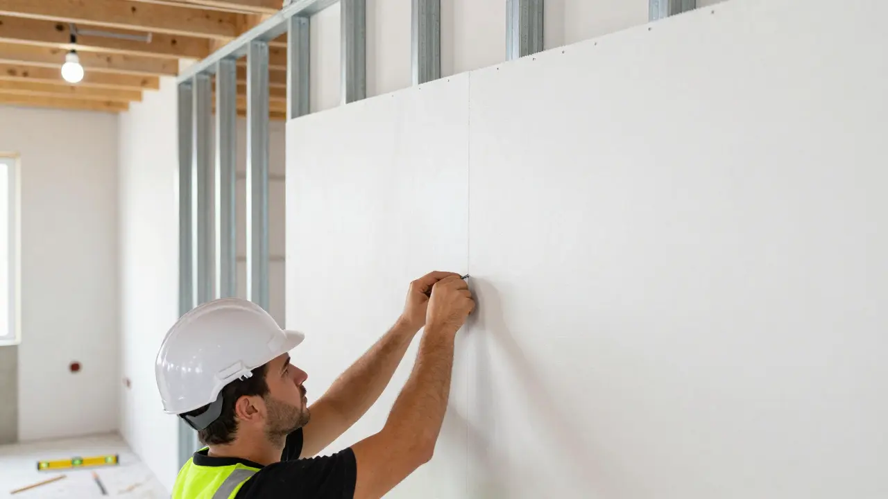Handwerker montiert korrekte Gipskartonplatten für den Innenausbau.