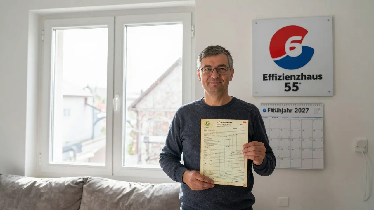 Hausbesitzer hält alte Energieabrechnung neben neuem Effizienzhaus-Icon an der Wand.
