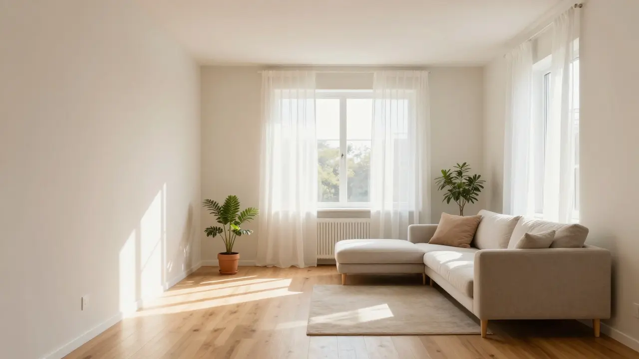 Helles, ruhiges Wohnzimmer mit Pflanzen nach Schallschutz-Maßnahmen.