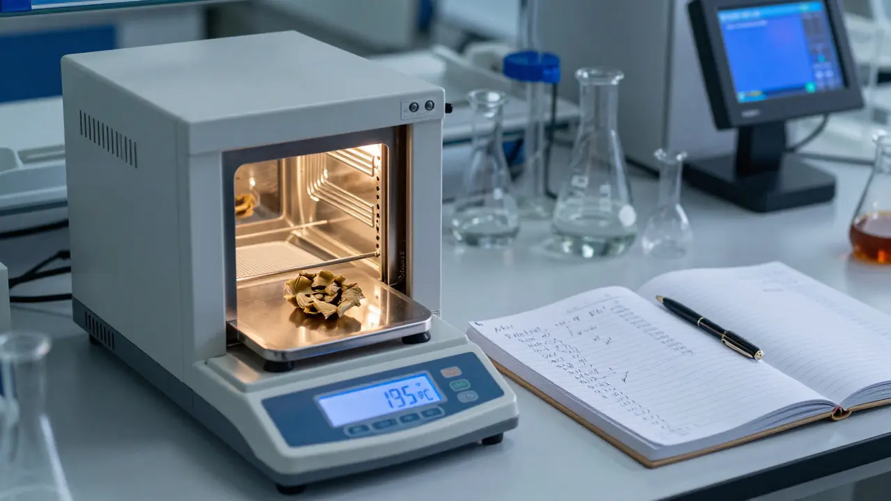 Im Labor wird eine Estrichprobe bei 105 °C getrocknet, um den Wassergehalt in M-% zu bestimmen.