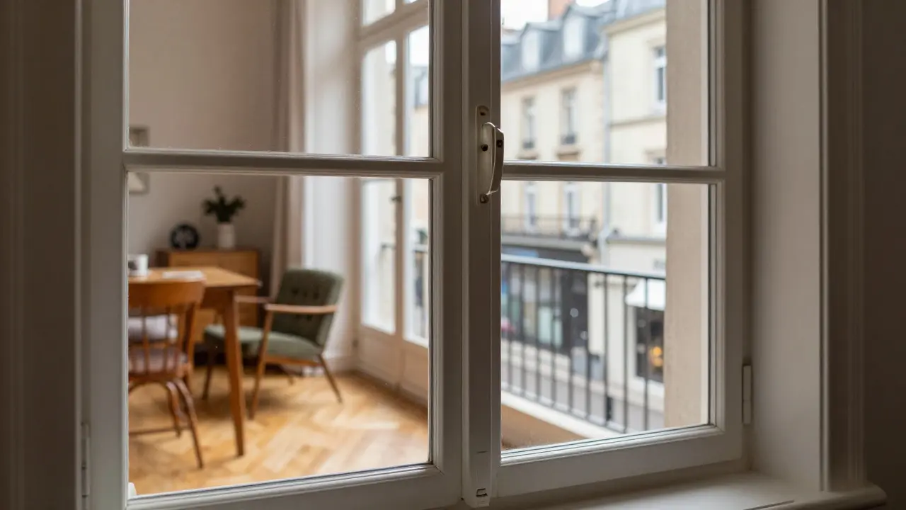 Innensicht durch modernes, wärmeisoliertes Fenster in einem renovierten Haus