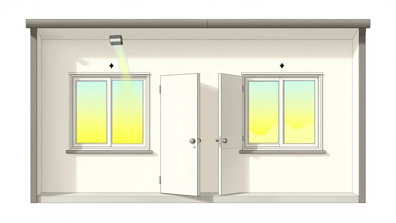 Luftströme zwischen zwei Räumen, unterstützt durch einen Fensterfalzlüfter und Querlüftung, ohne sichtbare Lüftungsanlage.