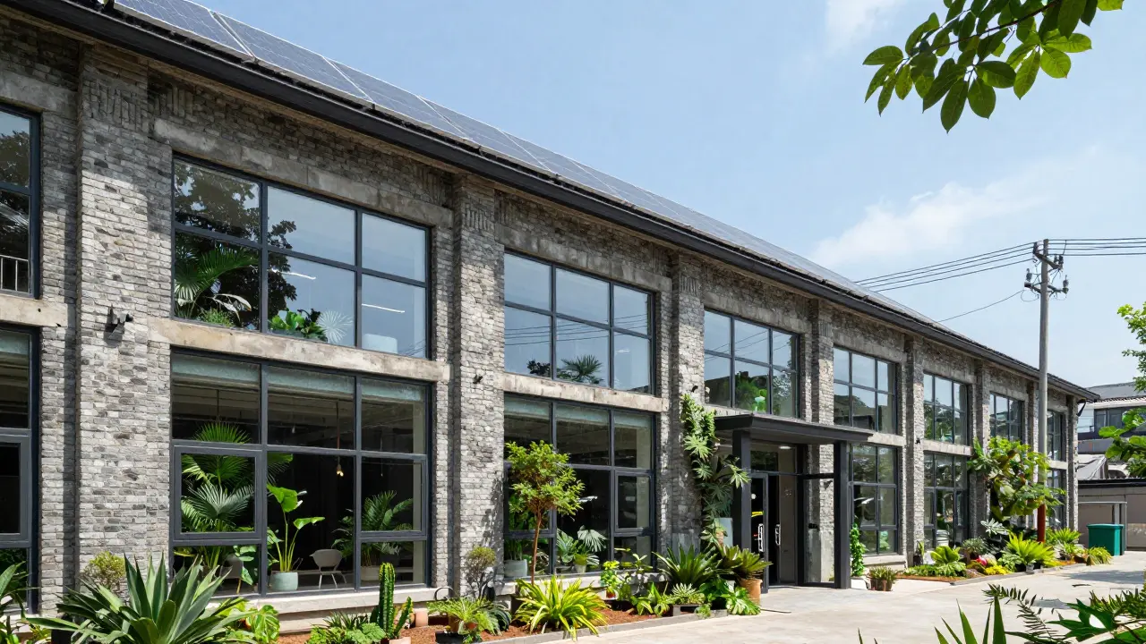 Modernisiertes Gebäude mit Solaranlage und Glasfronten