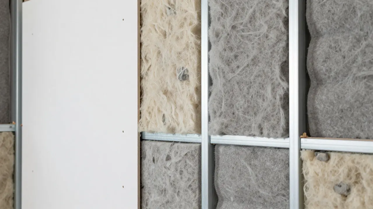 Nahaufnahme von Steinwolle-Dämmung in Metallrahmen zur Wandisolierung.