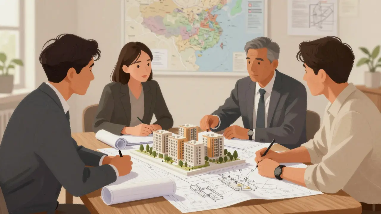 Planerteam um Tisch mit Bauplanmodellen bei Besprechung