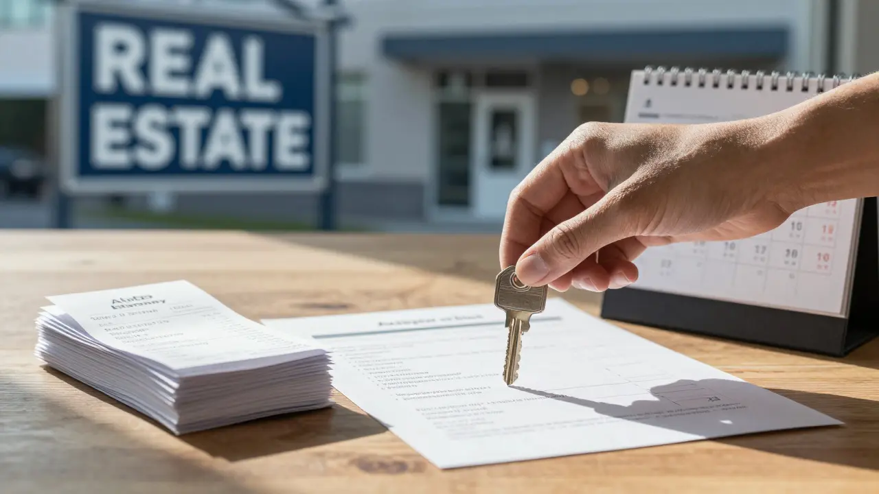Schlüssel und Belege auf einem Tisch neben einem Airbnb-Buchungsverlauf und einem 10-Jahres-Kalender zur Immobilienveräußerung.