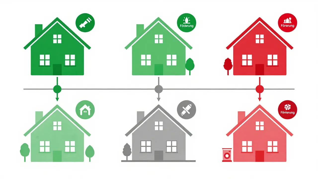 Schritt-für-Schritt-Plan für die energetische Sanierung eines Hauses mit farblich gekennzeichneten Maßnahmen und Förderhinweisen.