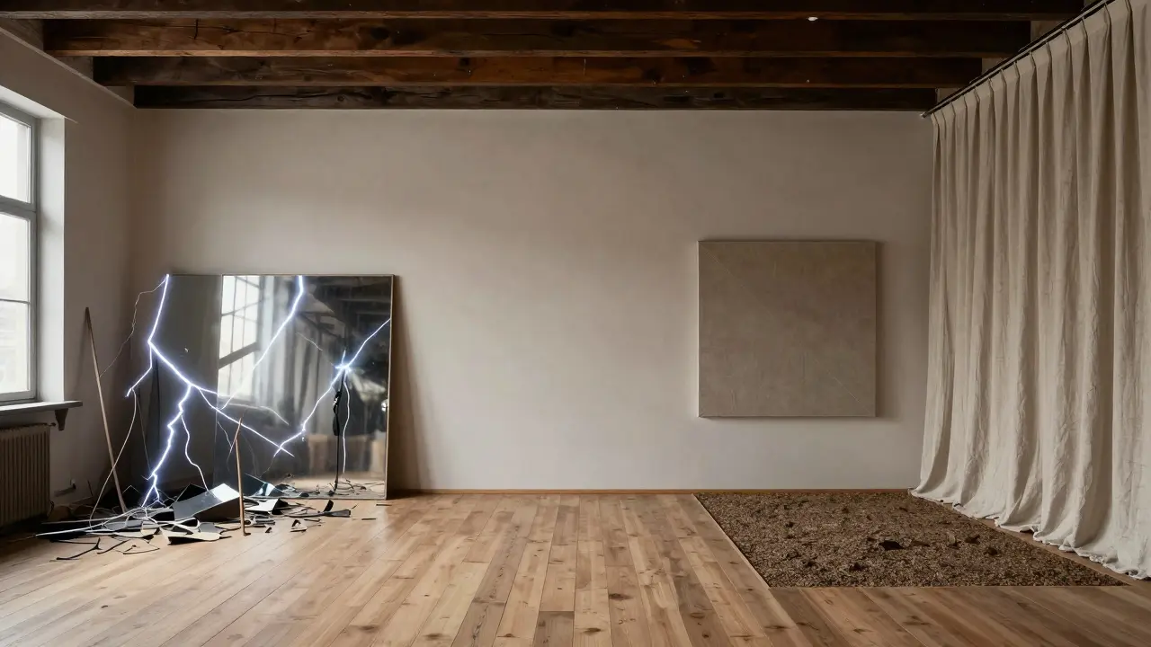 Three-part visual comparison of a loft's acoustic evolution: from echoey chaos to balanced, thoughtfully treated space.