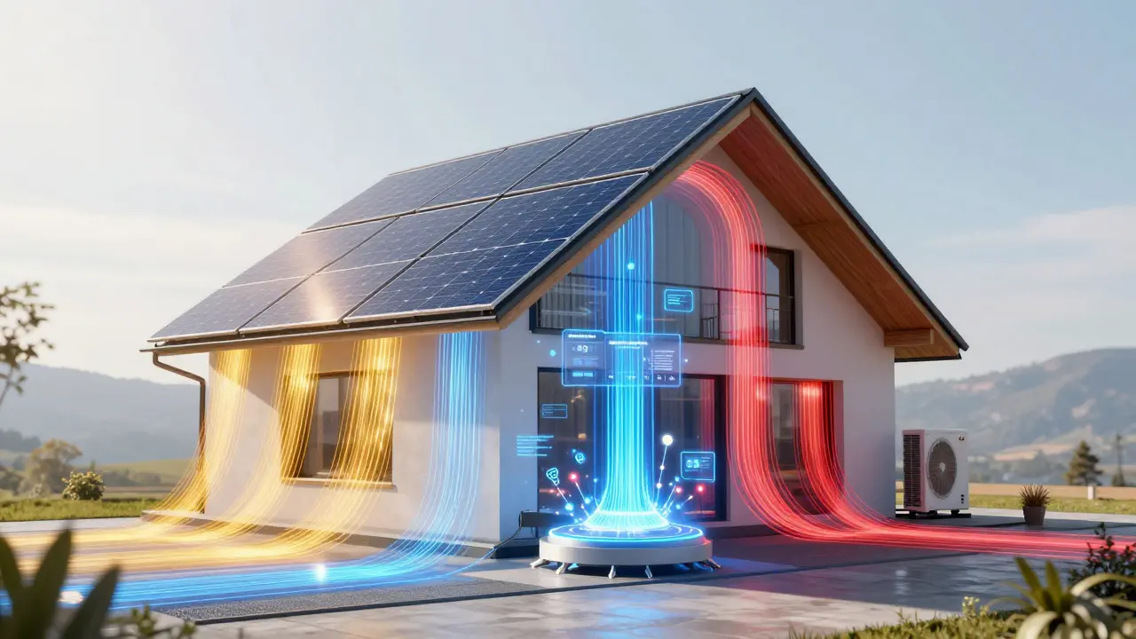 Transparente Energieflüsse in einem intelligenten Zuhause mit Sonne, Wärme und KI-gesteuerter Verbrauchsanpassung.