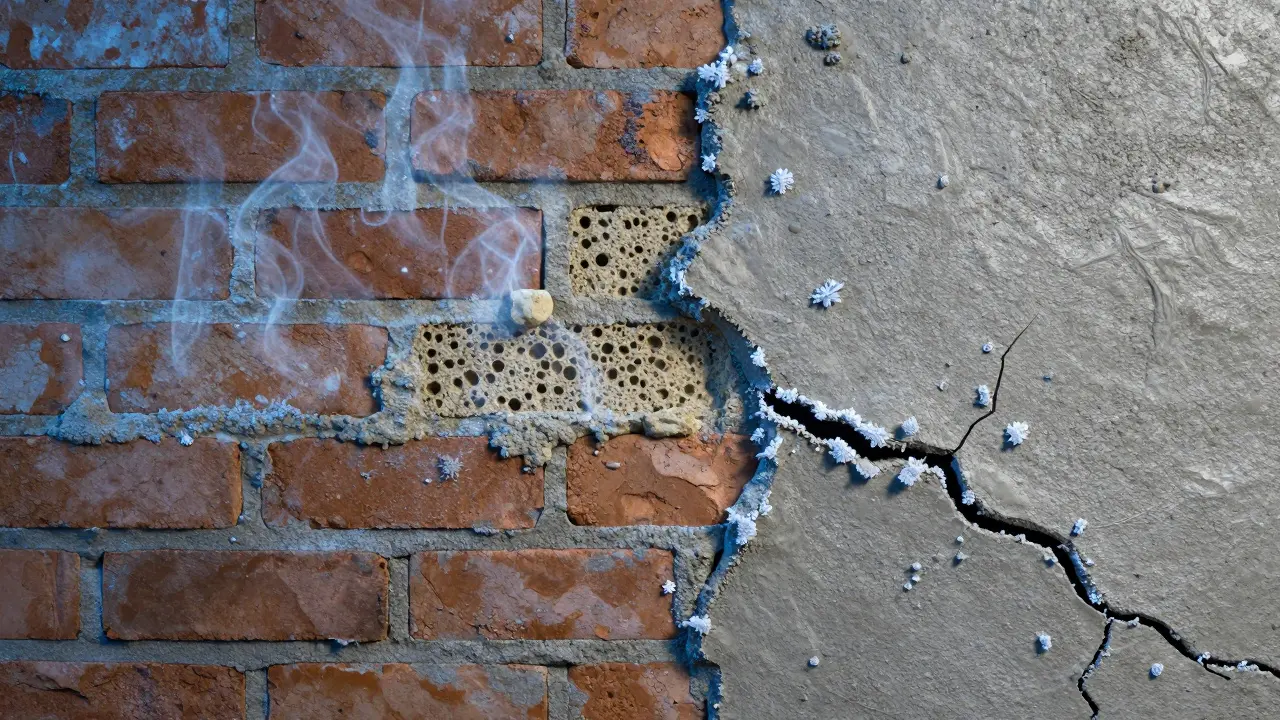 Vergleich: atmender Kalkmörtel mit Feuchtigkeitsabfuhr vs. versiegelnder Zementmörtel mit Frostschäden an Ziegelsteinen.