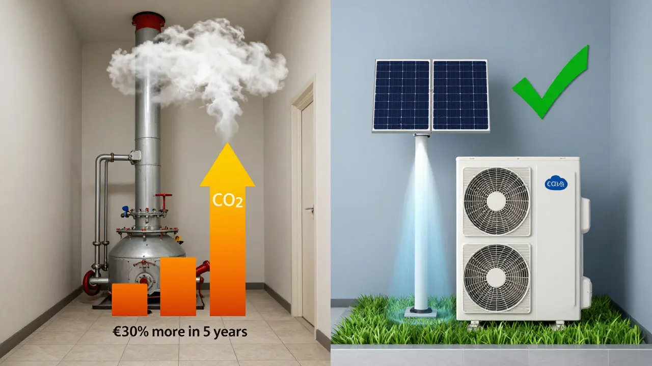 Vergleich: Fossiler Kessel mit steigenden Kosten vs. Wärmepumpe mit erneuerbarer Energie.