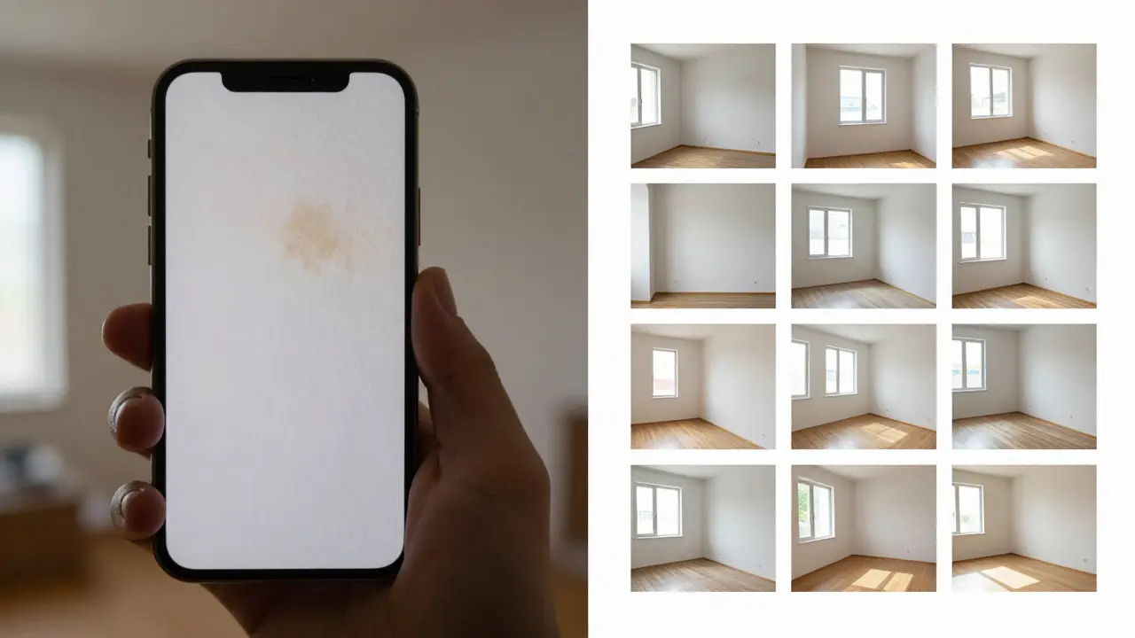 Vergleich: schlecht dokumentierte vs. rechtssichere Fotodokumentation einer Wohnung — links unscharf und dunkel, rechts strukturiert und lichtvoll.