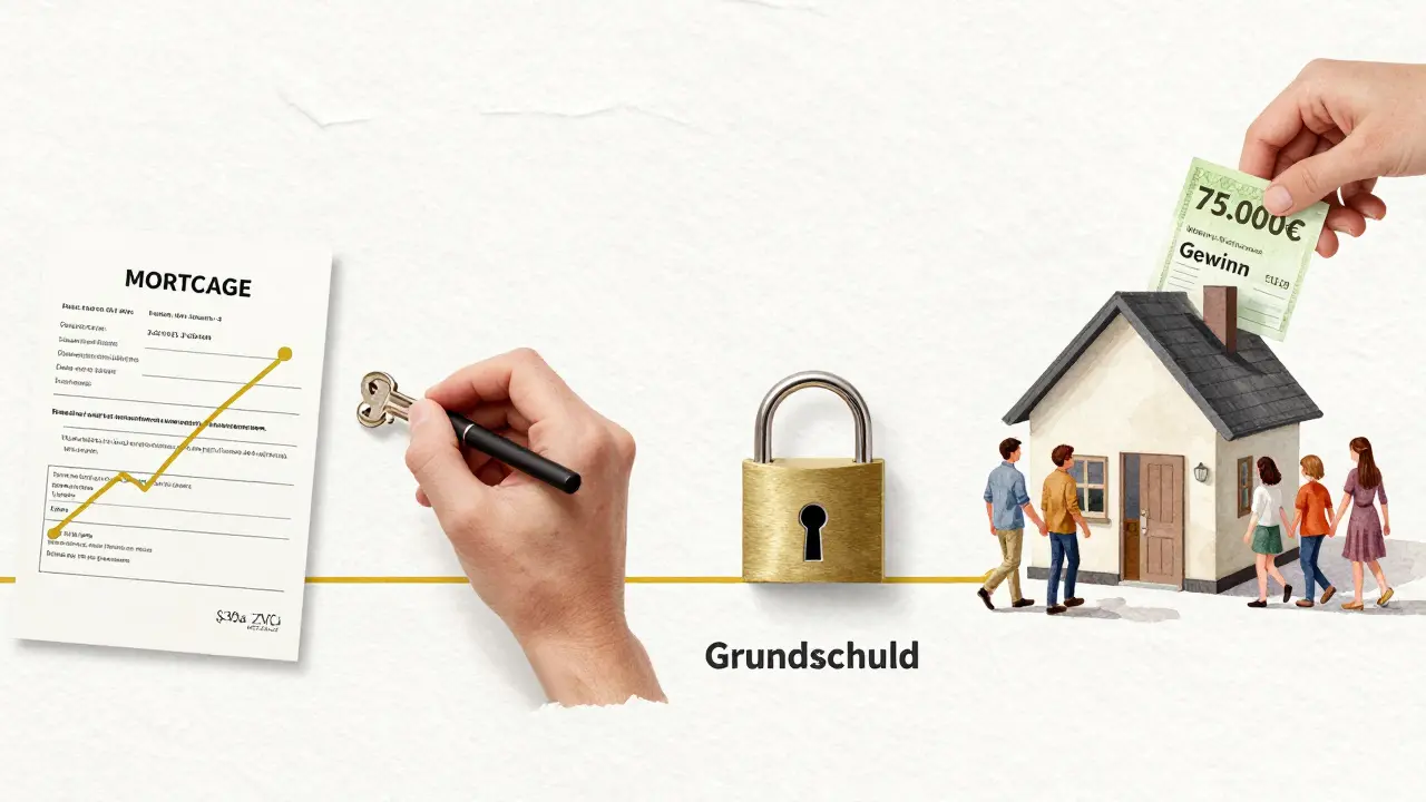 Zeitleiste: Zinsanstieg, Antrag, Schlüssel, Familie zieht in kleinere Wohnung mit Gewinnbescheinigung.