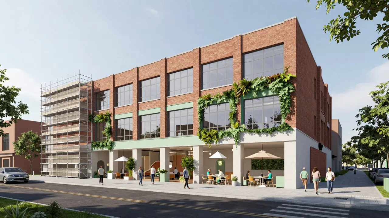 Architektonische Darstellung der Umnutzung eines alten Bürogebäudes in einen sozialen Raum.