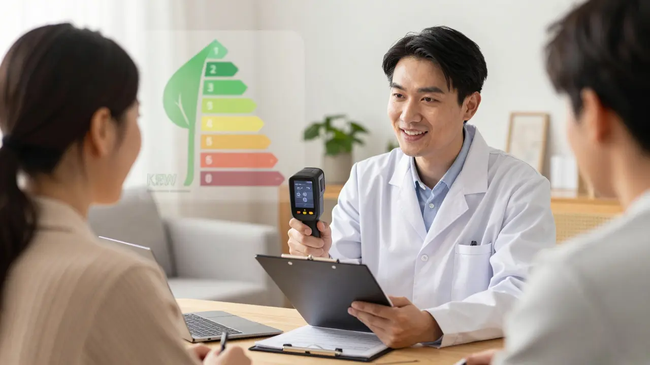 Bausachverständiger berät ein Ehepaar zur energetischen Sanierung ihres Hauses.