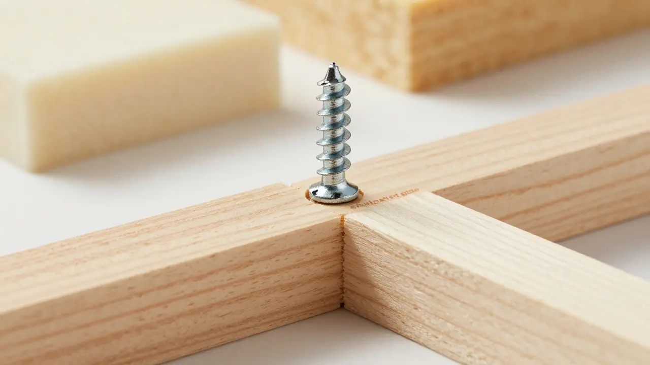 Detailaufnahme einer mechanischen Schraubverbindung in einer nachhaltigen Holzkonstruktion.