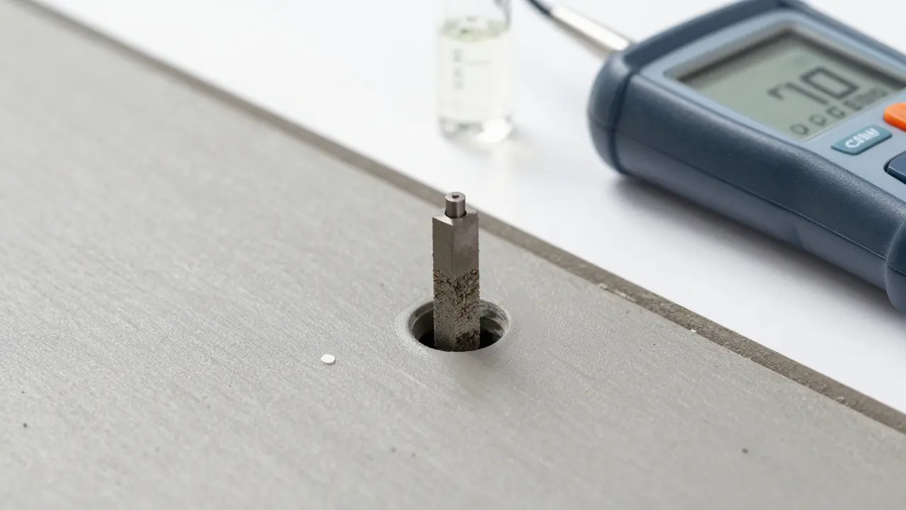Detailaufnahme einer professionellen CM-Feuchtemessung einer Estrichprobe.