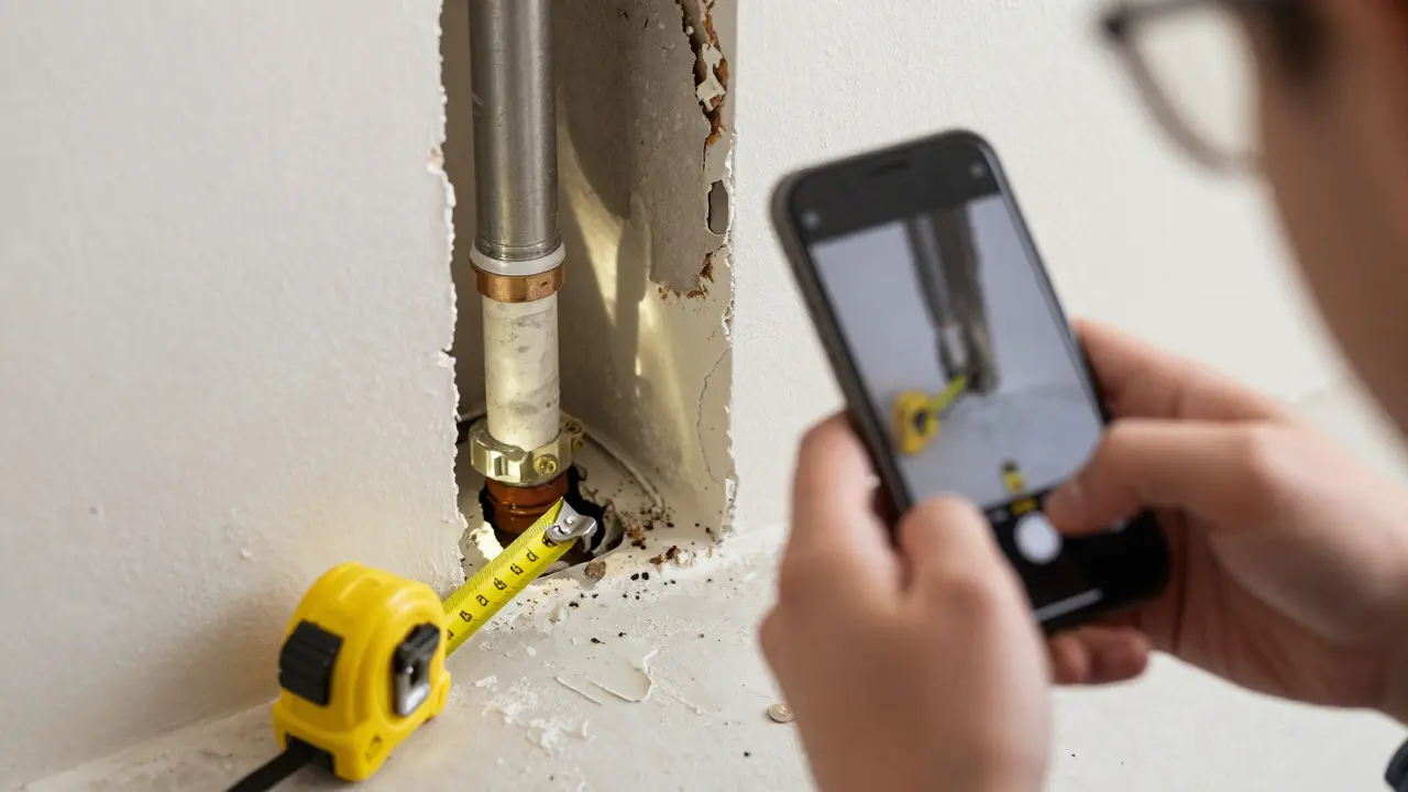 Dokumentation eines Rohrbruchs mit Smartphone und Maßband