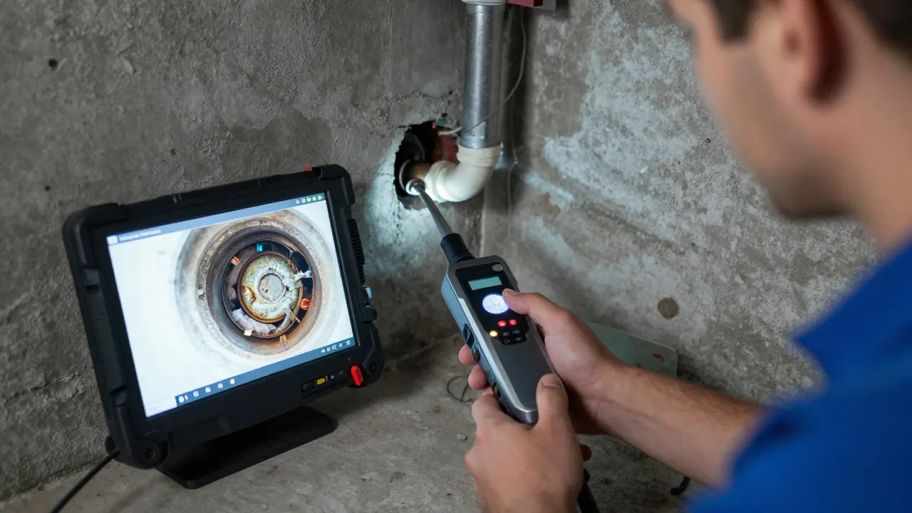 Ein Handwerker nutzt eine Kamerainspektion zur Untersuchung einer Wasserleitung in der Wand.