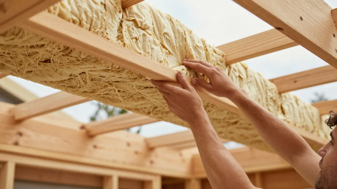 Ein Heimwerker installiert hautfreundliche Hanfdämmmatten zwischen Dachsparren.