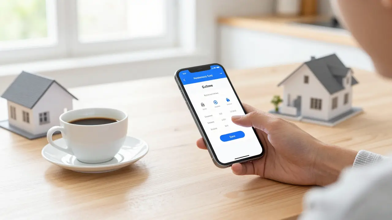 Hand nutzt eine Finanz-App zur Verwaltung der Instandhaltungsrücklage für eine Immobilie.