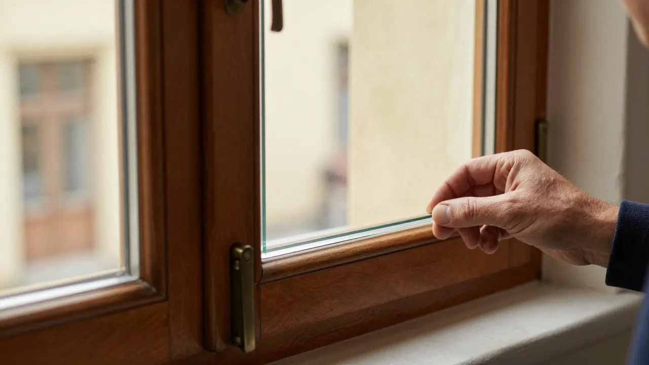 Handwerker saniert ein historisches Kastenfenster mit moderner Isolierverglasung.
