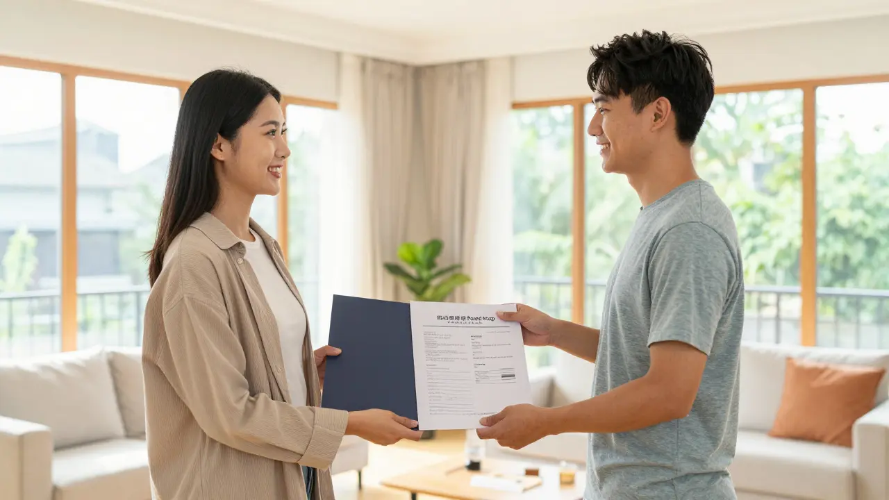 Hausverkäufer übergibt dem Käufer den individuellen Sanierungsfahrplan.