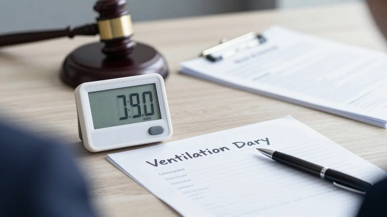 Hygrometer und Lüftungstagebuch auf einem Tisch als Beweismittel