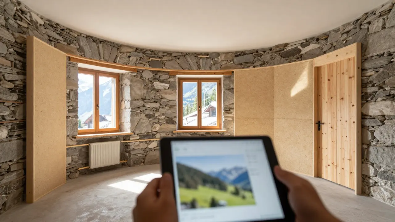 Innenansicht einer zirkulären Haussanierung mit ökologischen Dämmstoffen und Altholz.