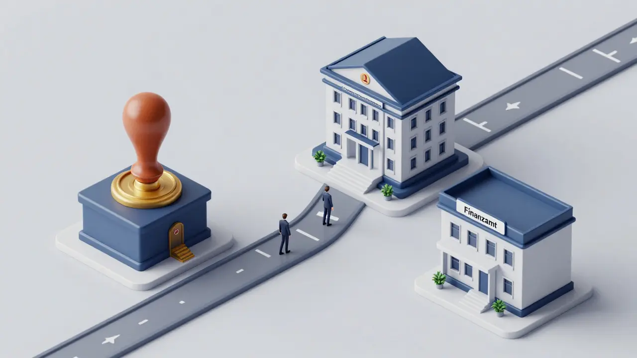 Isometrische Darstellung des bürokratischen Weges zur Grundbucheintragung