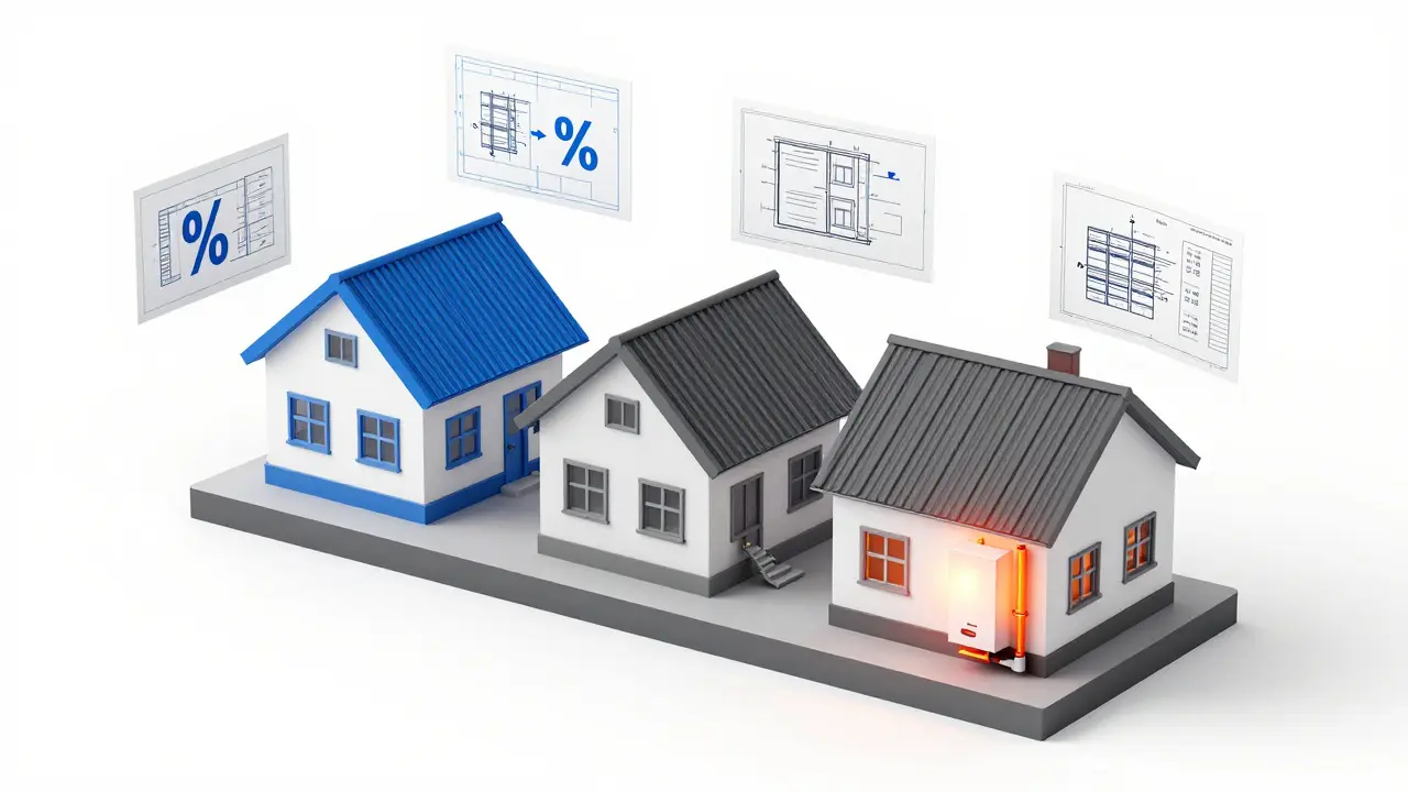 Isometrische Darstellung eines Hauses in verschiedenen Altersstufen mit markierten Sanierungsbedarfen.