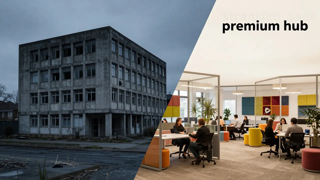 Kontrast zwischen einem veralteten Betonbüro und einem modernen, hellen Kollaborationsraum.