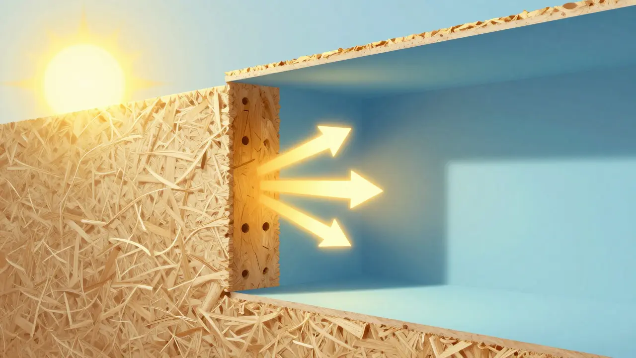 Konzeptuelle Darstellung der Hitzeschutzwirkung einer Holzfaserdämmung in einer Hauswand.