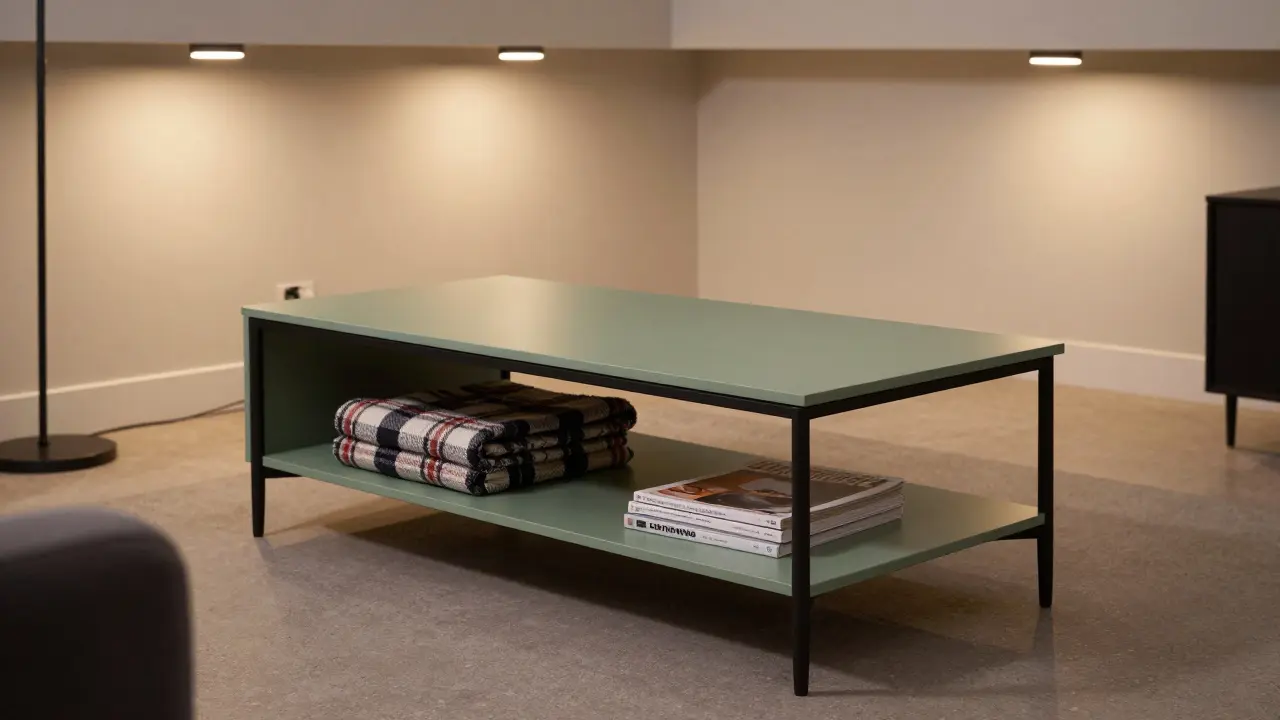 Moderner Couchtisch mit integriertem Stauraum für Decken und Zeitschriften in einem minimalistischen Raum.