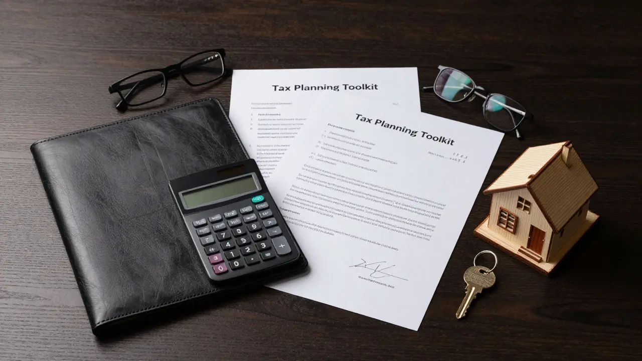 Ordner, Dokumente und ein Hausmodell auf einem Schreibtisch zur Steuerplanung.