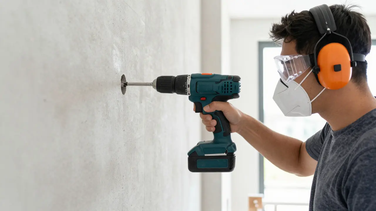 Person mit Schutzbrille, Gehörschutz und Maske bohrt präzise in eine Betonwand.