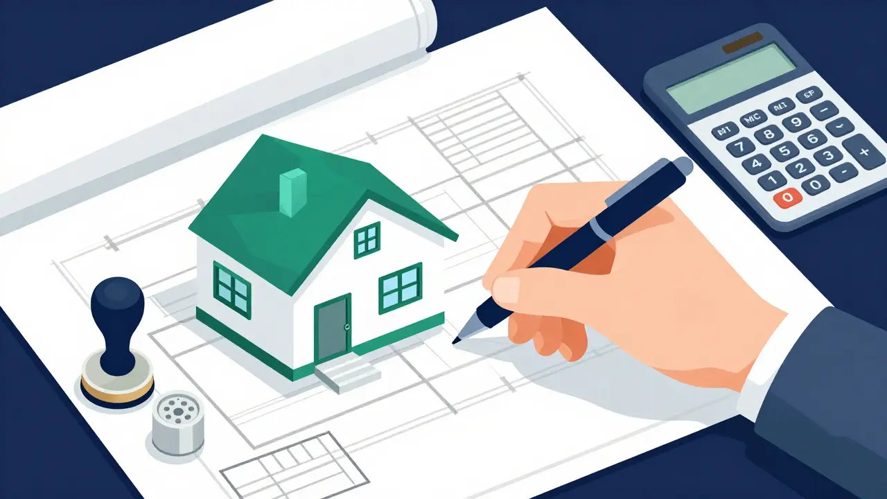 Planung einer Haussanierung mit Architekturzeichnungen und Finanzierungskalkulation.