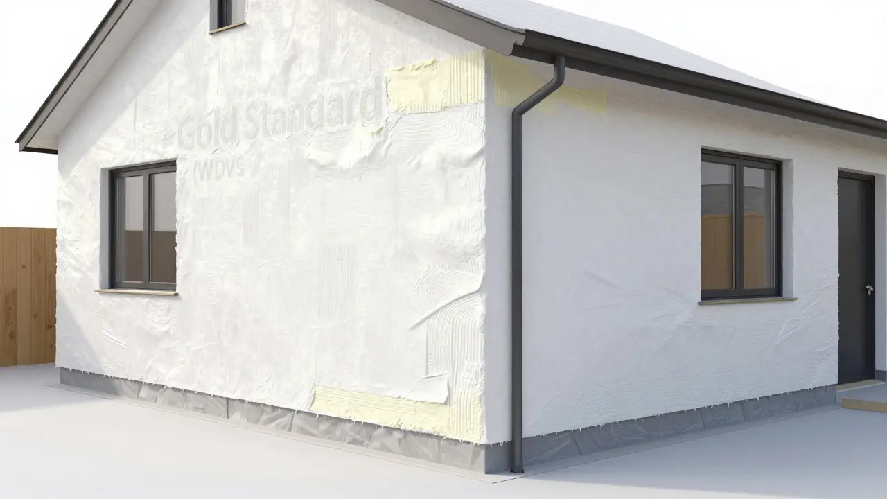 Querschnitt einer Hauswand mit moderner Außendämmung