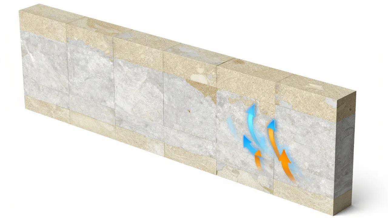 Querschnitt einer historischen Wand mit diffusionsoffener Innendämmung und Luftstrom.