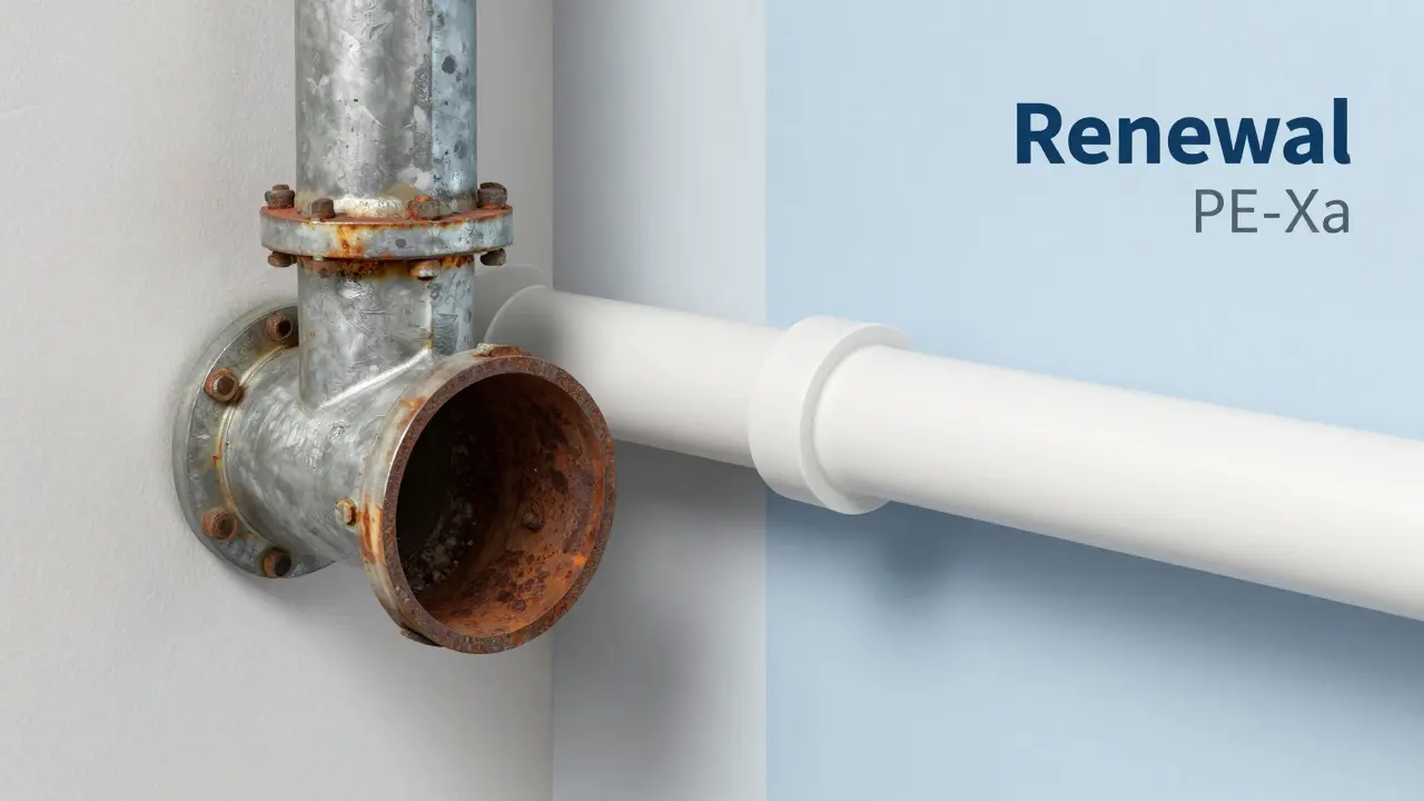 Querschnitt einer Wand mit Vergleich zwischen einem alten Rostrohr und einer neuen Kunststoffleitung.