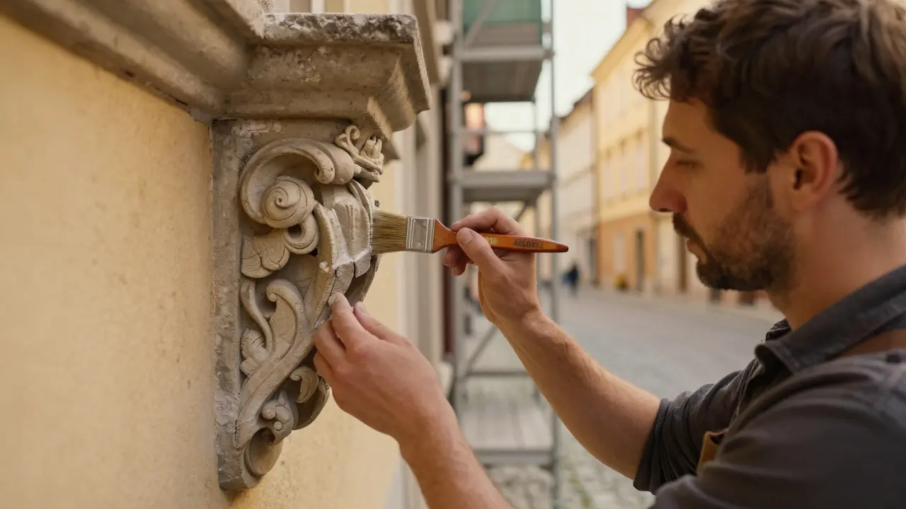 Restaurator reinigt vorsichtig ein historisches Fassadenelement auf einem Gerüst