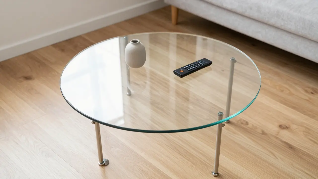 Runder Glastisch in einem kleinen Wohnzimmer, der durch Transparenz mehr optischen Platz schafft.