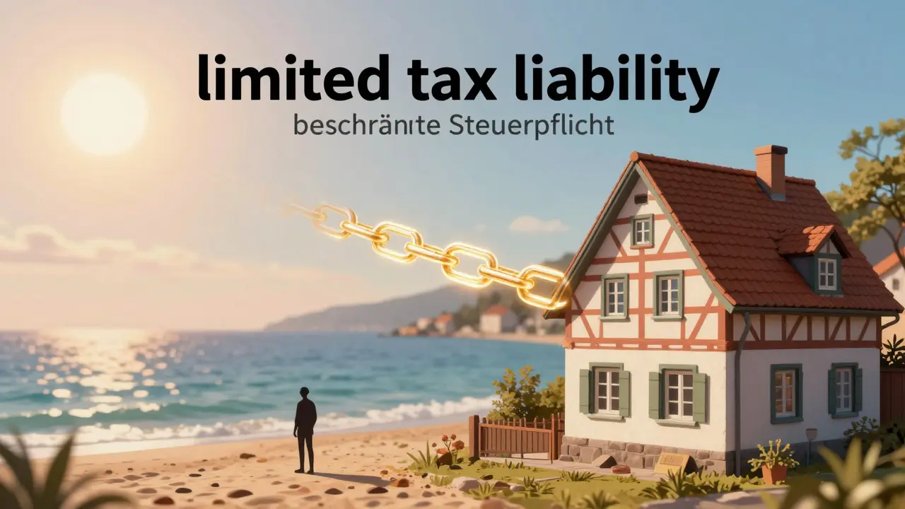 Symbolische Darstellung der steuerlichen Verbindung zwischen Ausland und einer Immobilie in Deutschland.