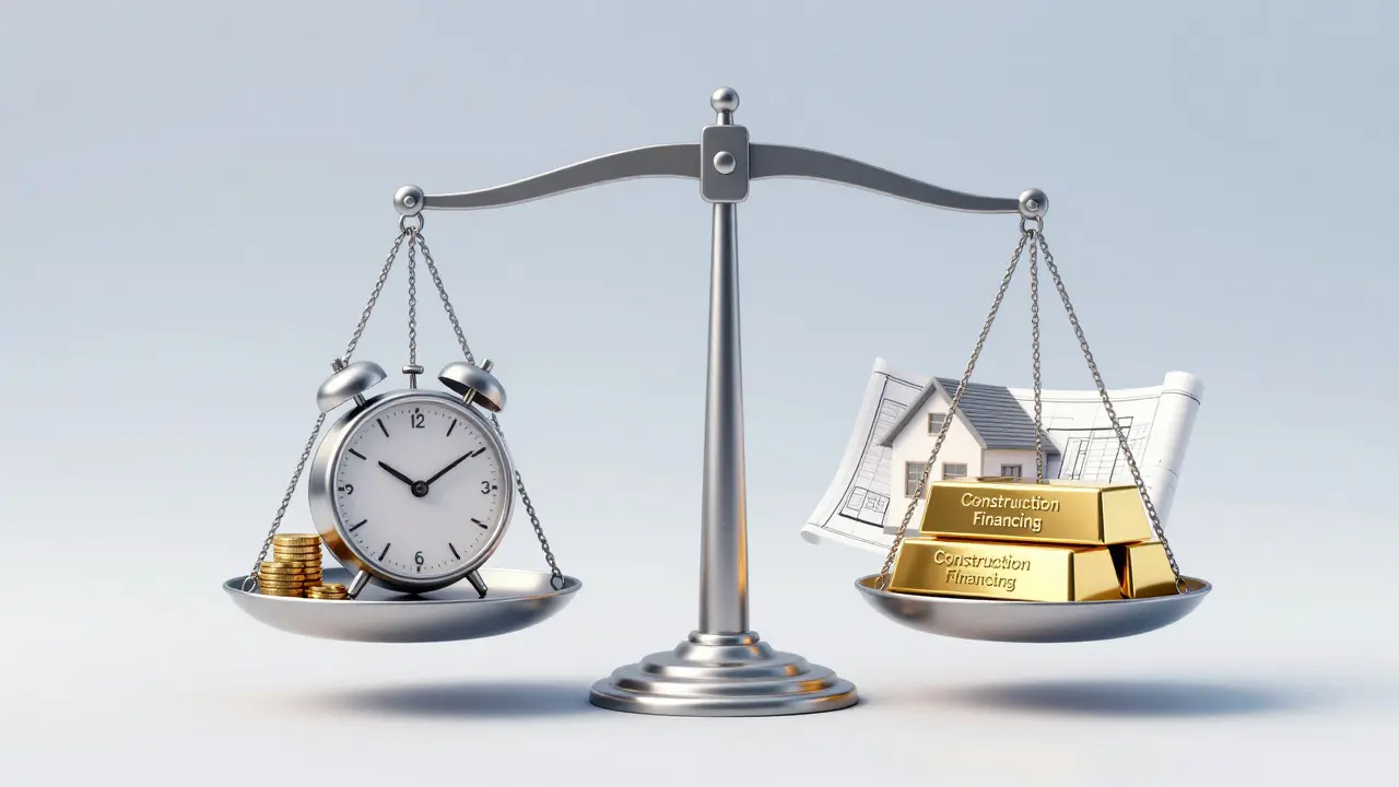 Symbolische Waage zwischen einem schnellen Modernisierungskredit und einer großen Baufinanzierung.