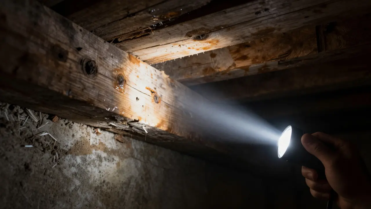 Taschenlampe beleuchtet Feuchtigkeitsschäden an einem Holzbalken im Dachboden.