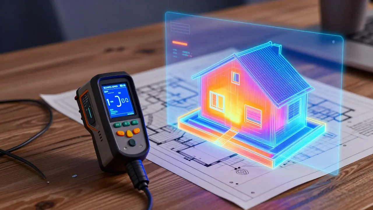 Thermografiekamera und Sanierungsplan zur Analyse von Wärmebrücken.