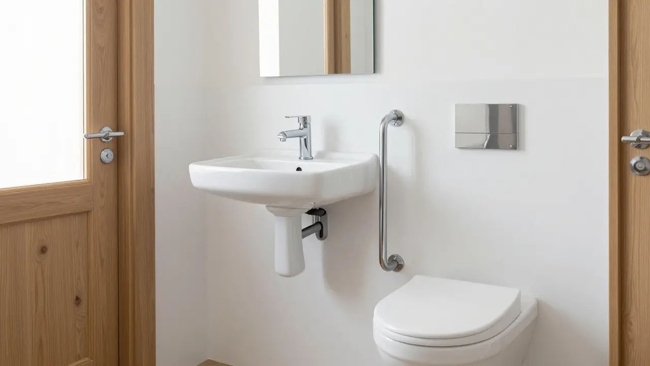 Unterfahrbares Waschbecken und moderne Stützgriffe in einem hellen, barrierearmen Bad.