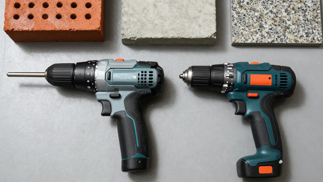 Vergleich zwischen einer Schlagbohrmaschine und einem Bohrhammer auf einer Werkbank.