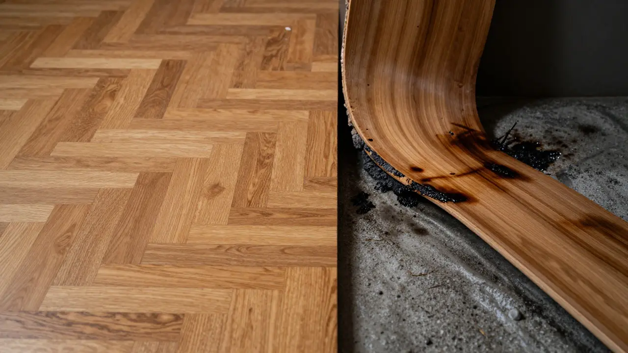 Vergleich zwischen gesundem Parkett und aufquellendem Holz durch Restfeuchte im Estrich.