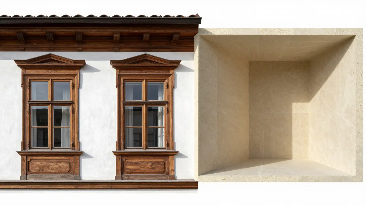 Vergleich zwischen historischer Außenfassade und moderner Innendämmung